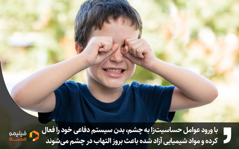 کودکی در حال مالیدن چشم های آلرژیک خود