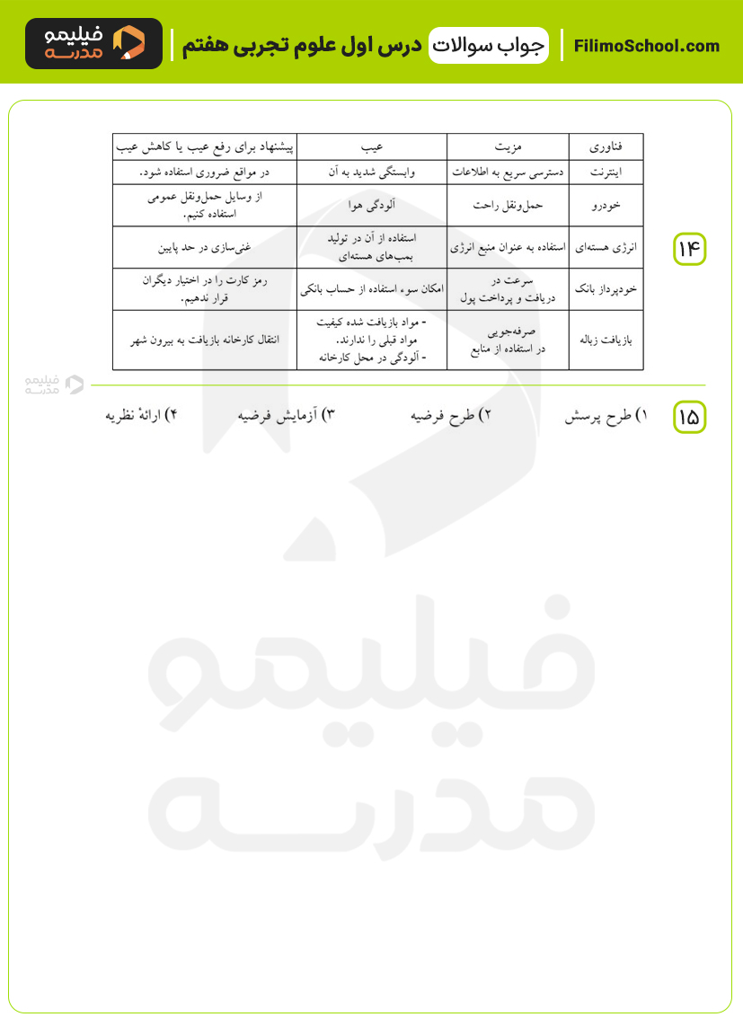 پاسخ سری دوم نمونه سوالات درس اول علوم هفتم
