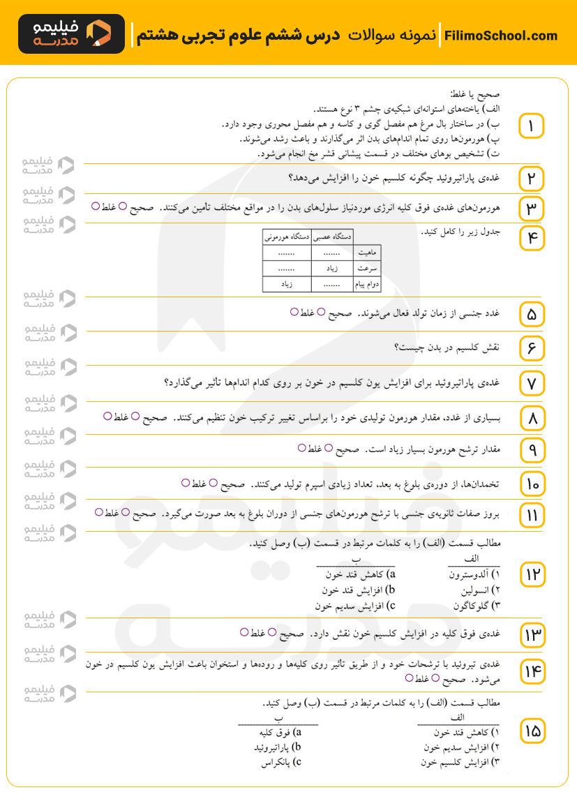 نمونه سوالات درس ششم علوم هشتم