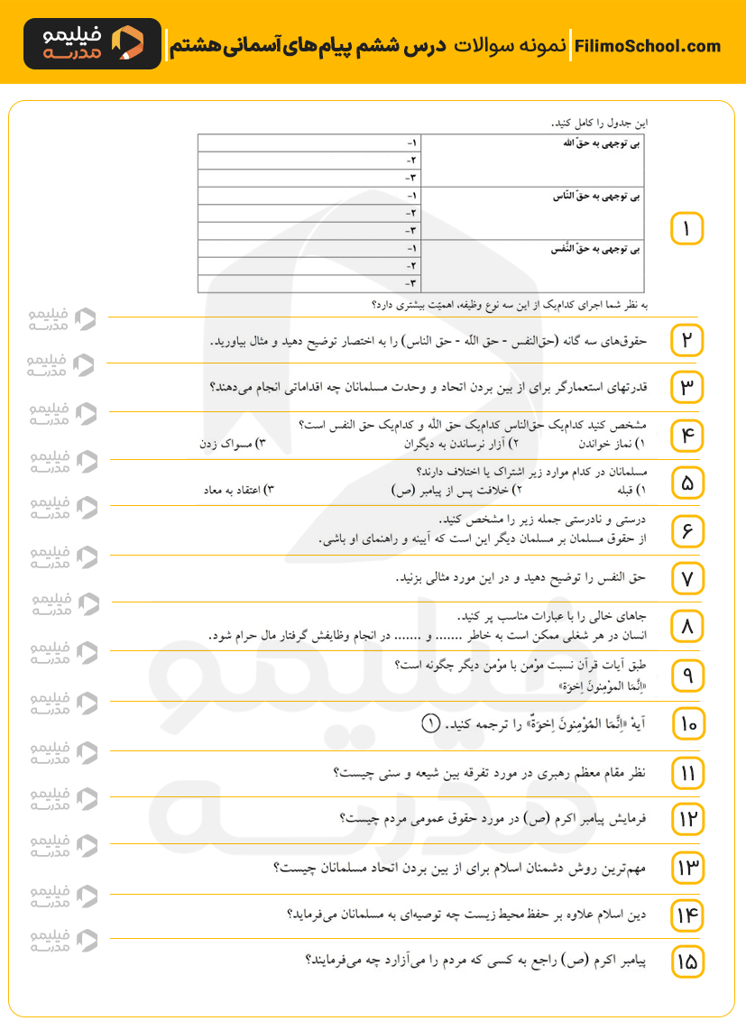 نمونه سوالات درس ششم پیامهای آسمانی هشتم