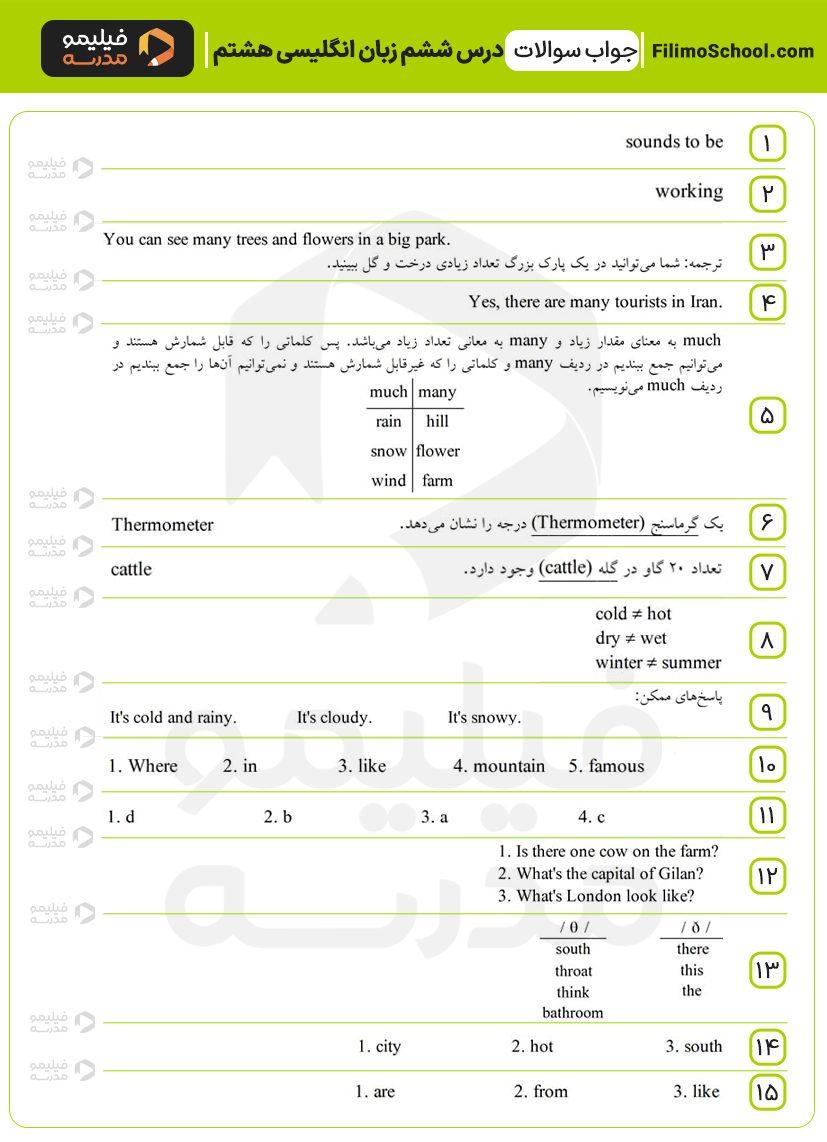 پاسخ نمونه سوالات درس ششم زبان انگلیسی هشتم