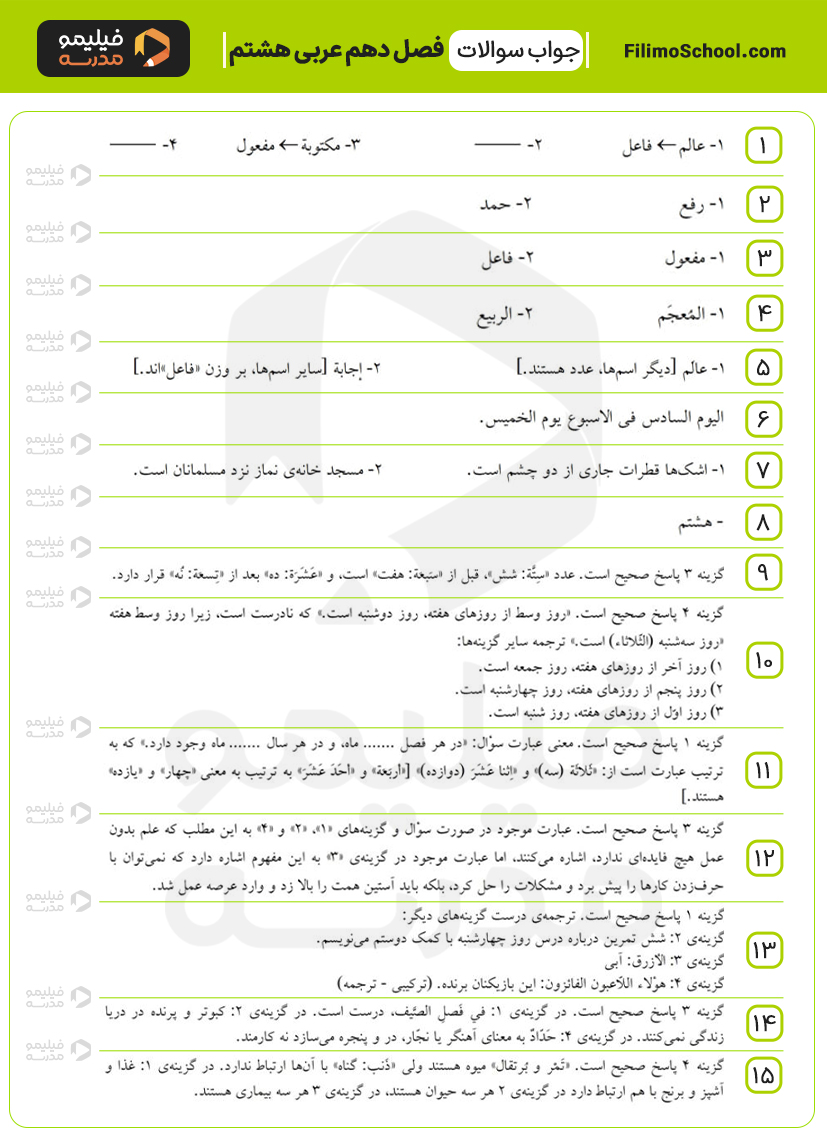 پاسخ نمونه سوالات فصل دهم عربی هشتم