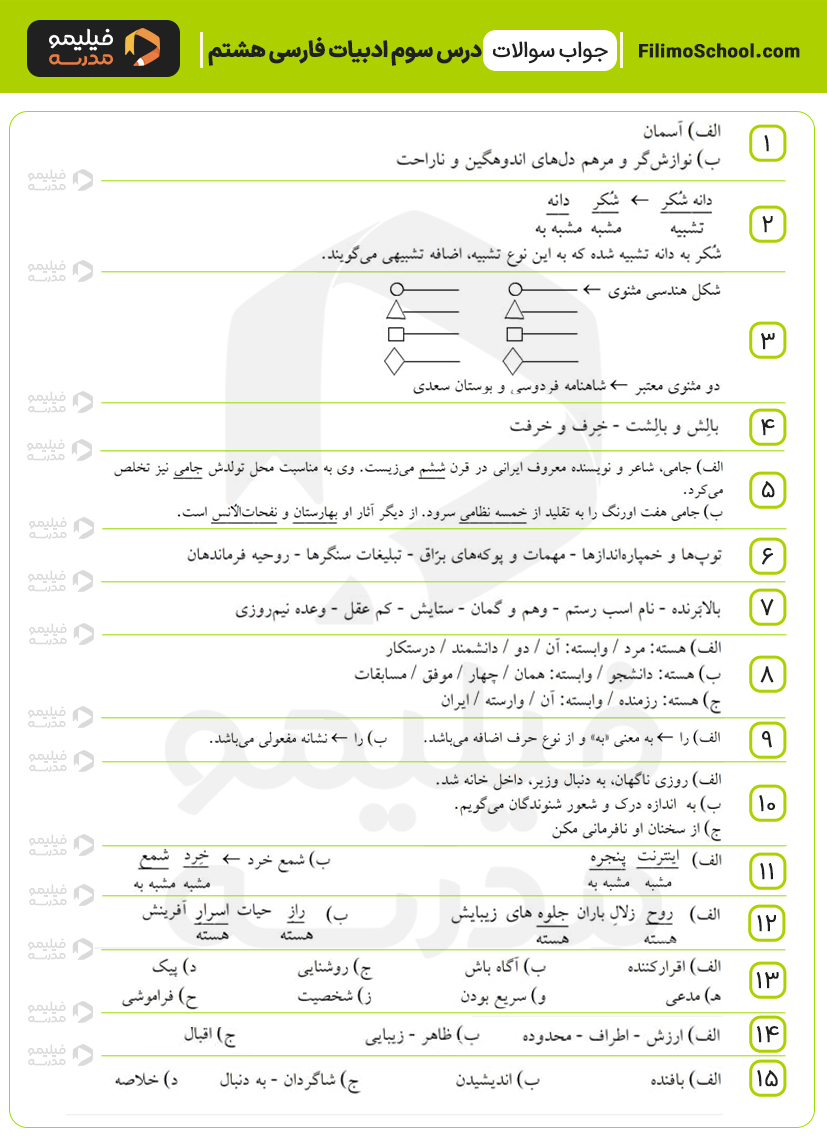 پاسخ نمونه سوالات درس سوم ادبیات فارسی هشتم