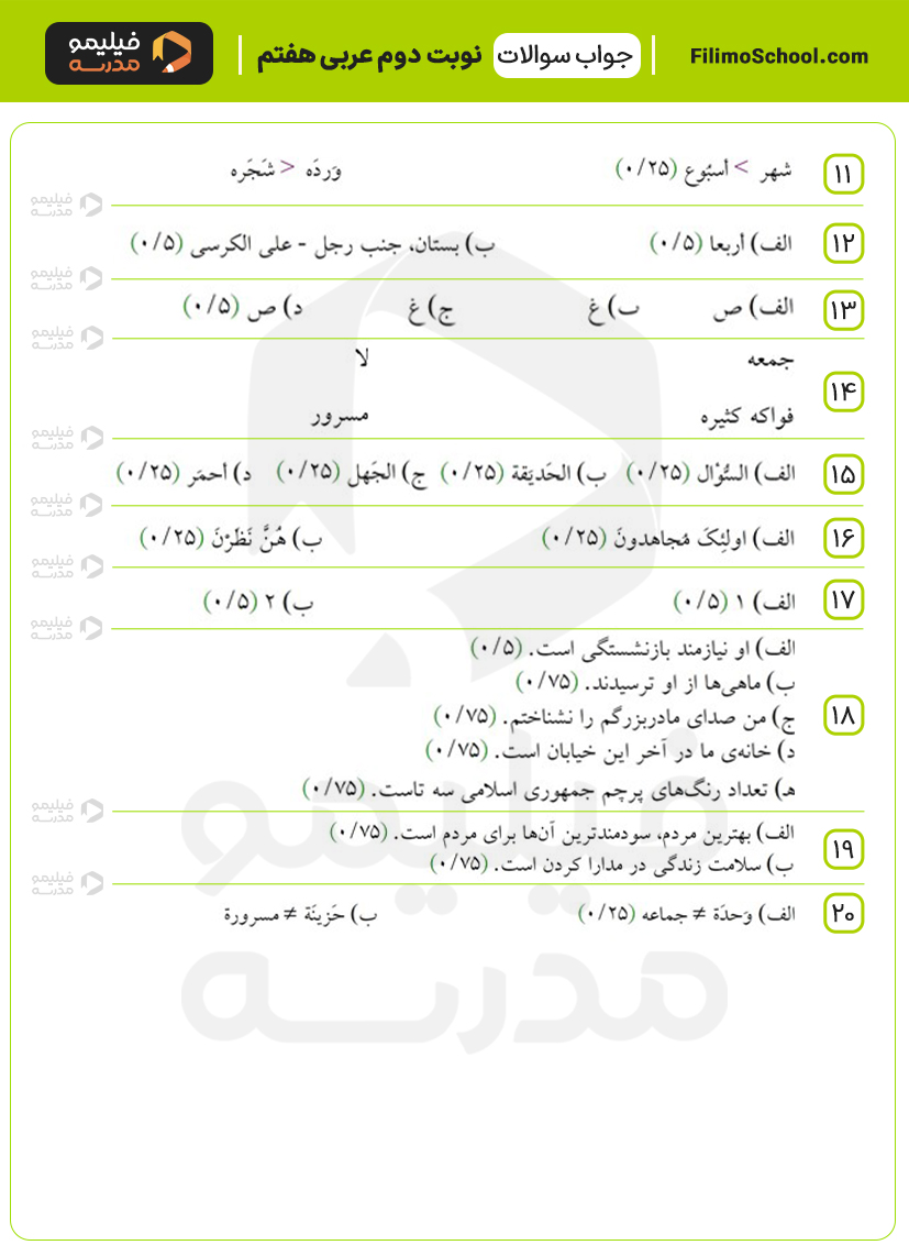 پاسخ نمونه سوالات نوبت دوم عربی هفتم