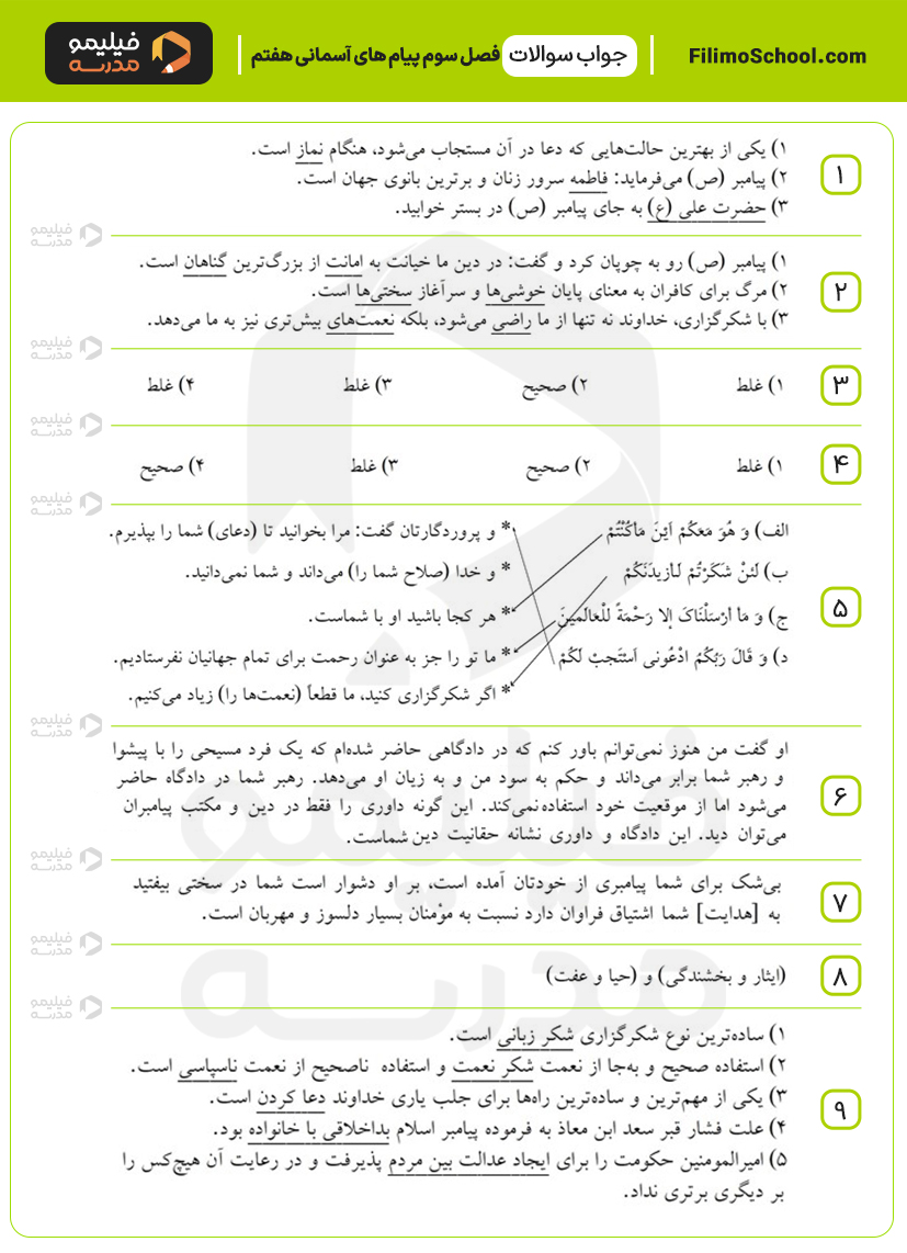 پاسخ نمونه سوالات درس سوم پیام‌های آسمانی هفتم