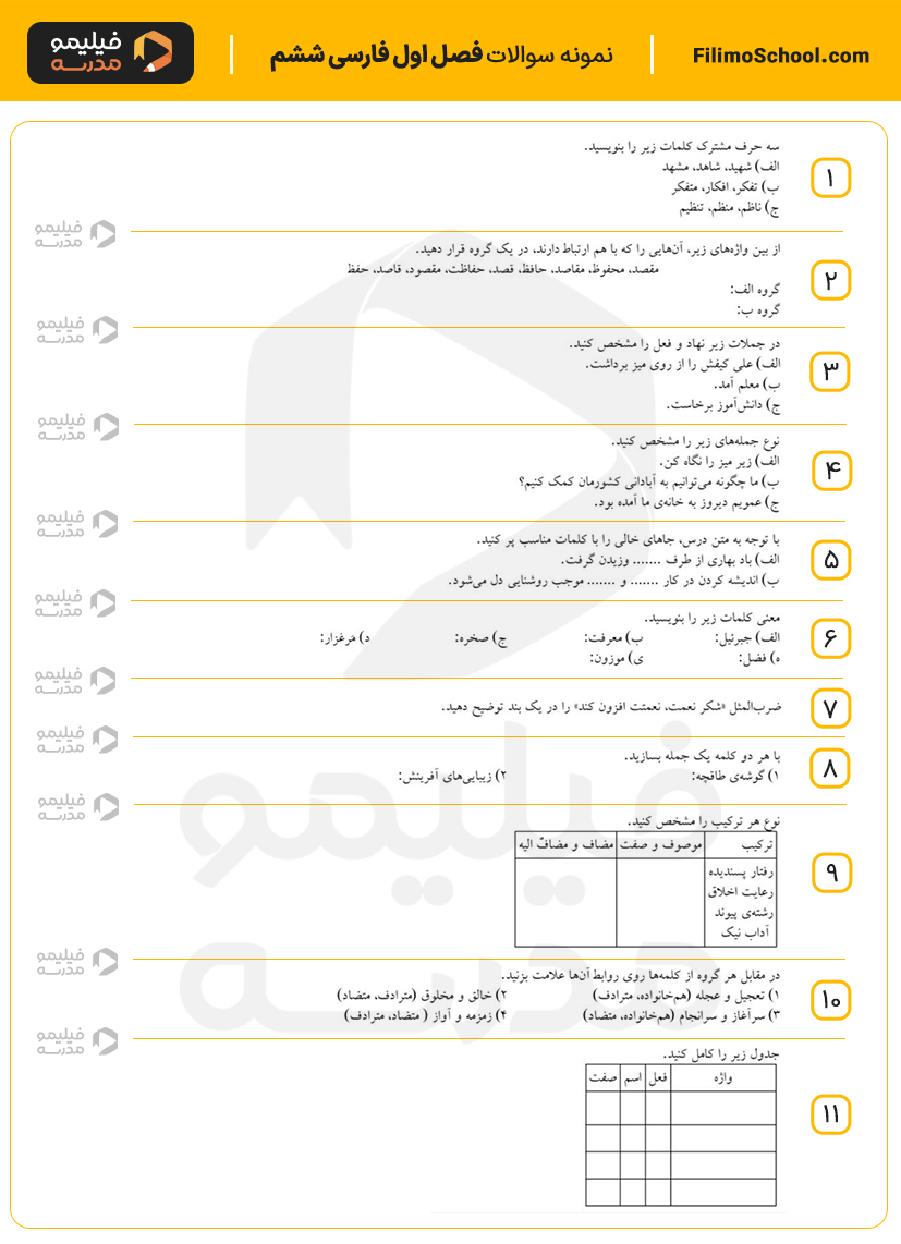 نمونه سوالات فصل اول فارسی ششم