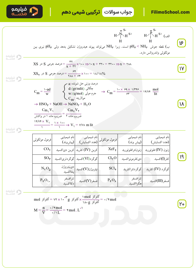 پاسخ نمونه سوالات ترکیبی شیمی دهم با جواب