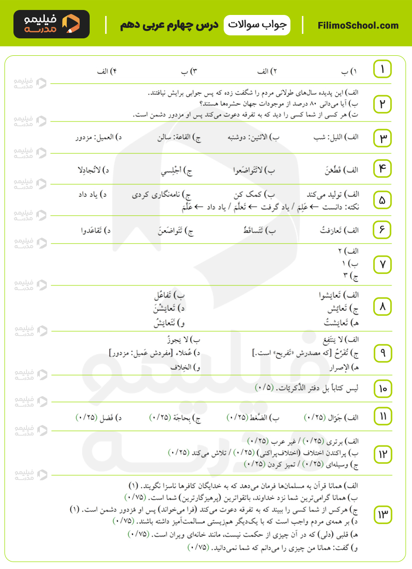 پاسخ نمونه سوالات درس چهارم عربی دهم با جواب