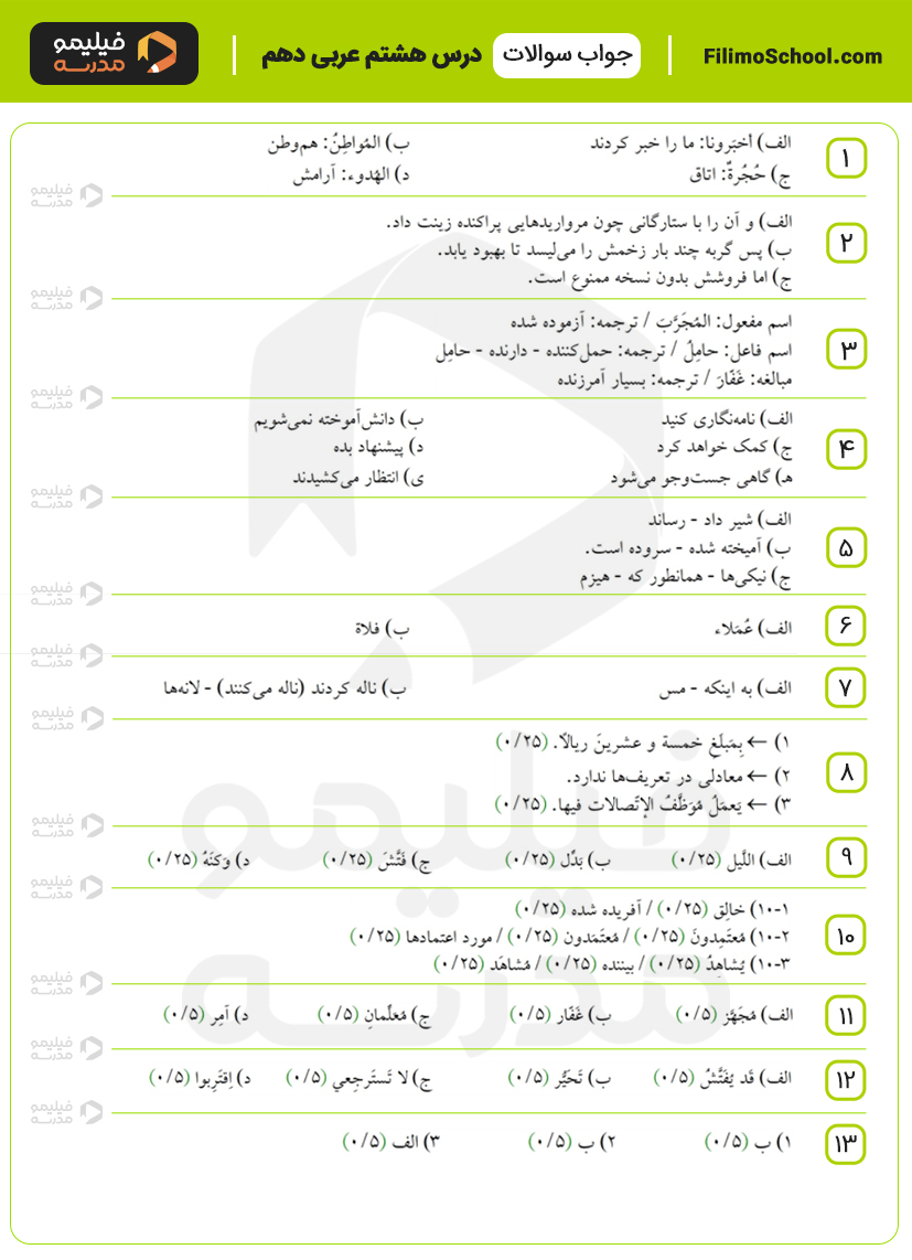 پاسخ نمونه سوالات درس هشتم عربی دهم با جواب