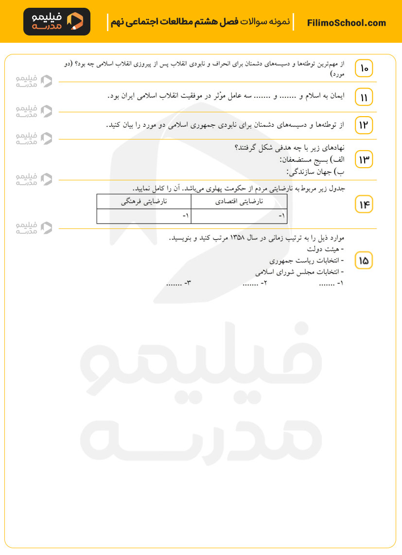 نمونه سوالات فصل هشتم مطالعات اجتماعی نهم