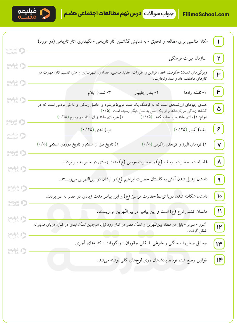 پاسخ نمونه سوالات درس نهم مطالعات اجتماعی هفتم