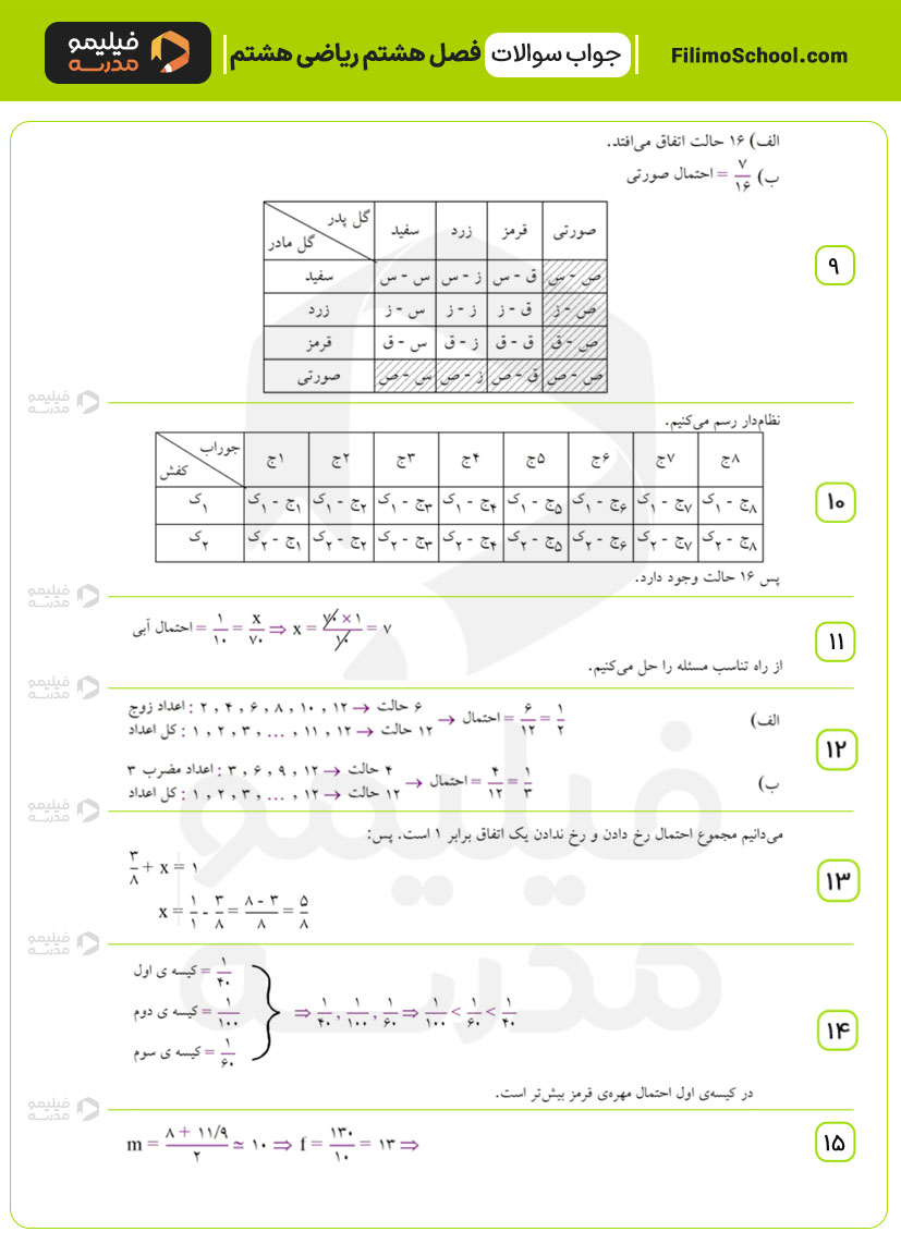 پاسخ نمونه سوالات فصل هشتم ریاضی هشتم