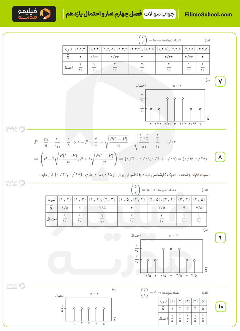 پاسخ نمونه سوالات فصل چهارم آمار و احتمال یازدهم